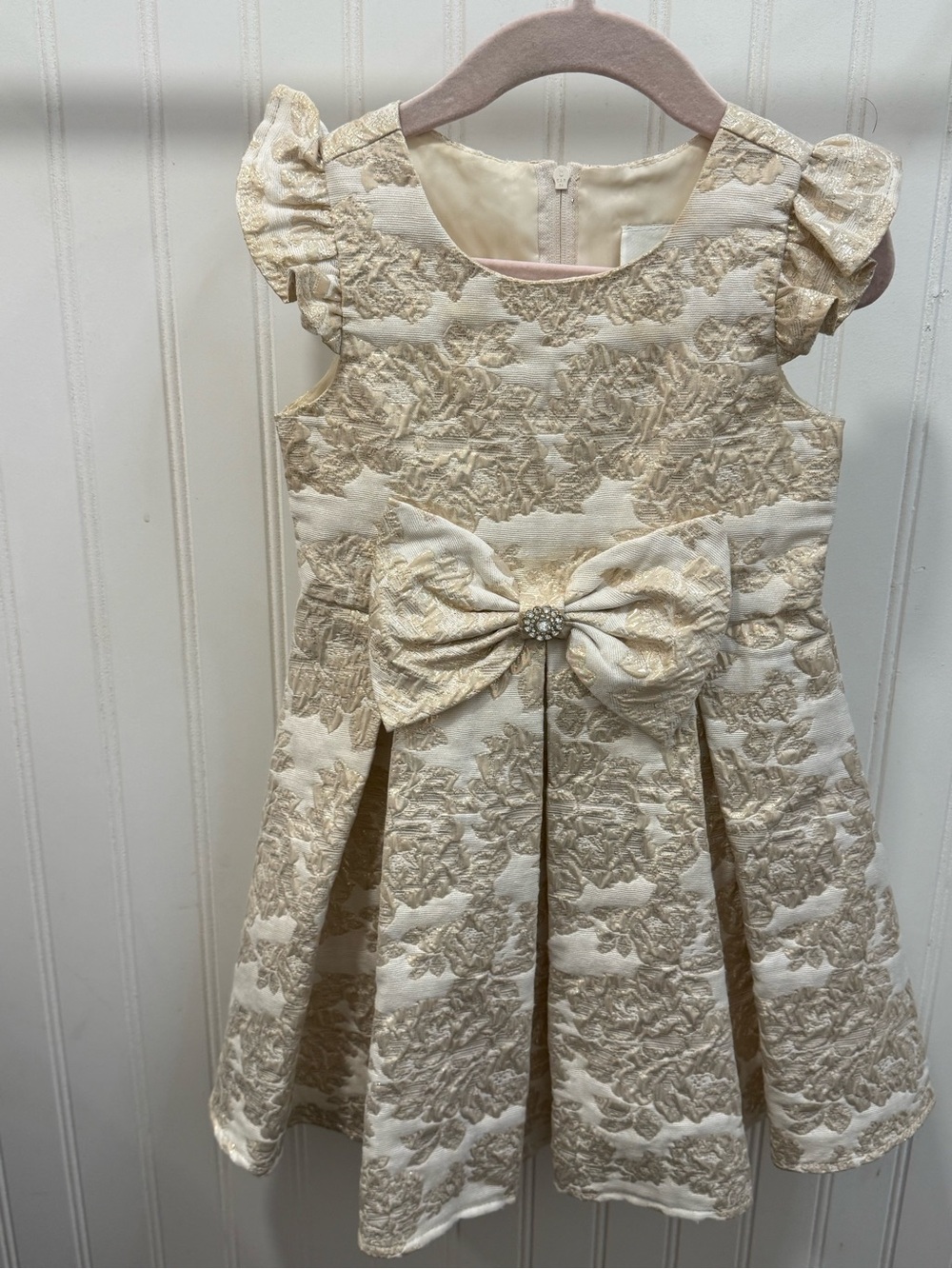 Rare Editions Ivory and Gold Brocade Dress with Bow